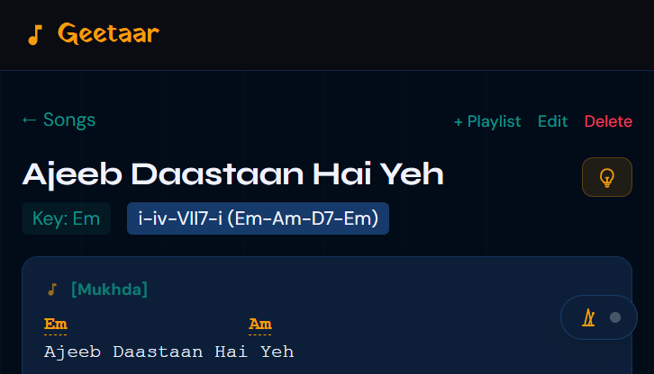 A song with AI-generated chords placed above each line of lyrics